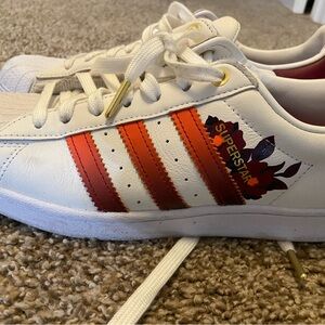 Adidas White and Red Athletic Shoes with Classic Shell Toe